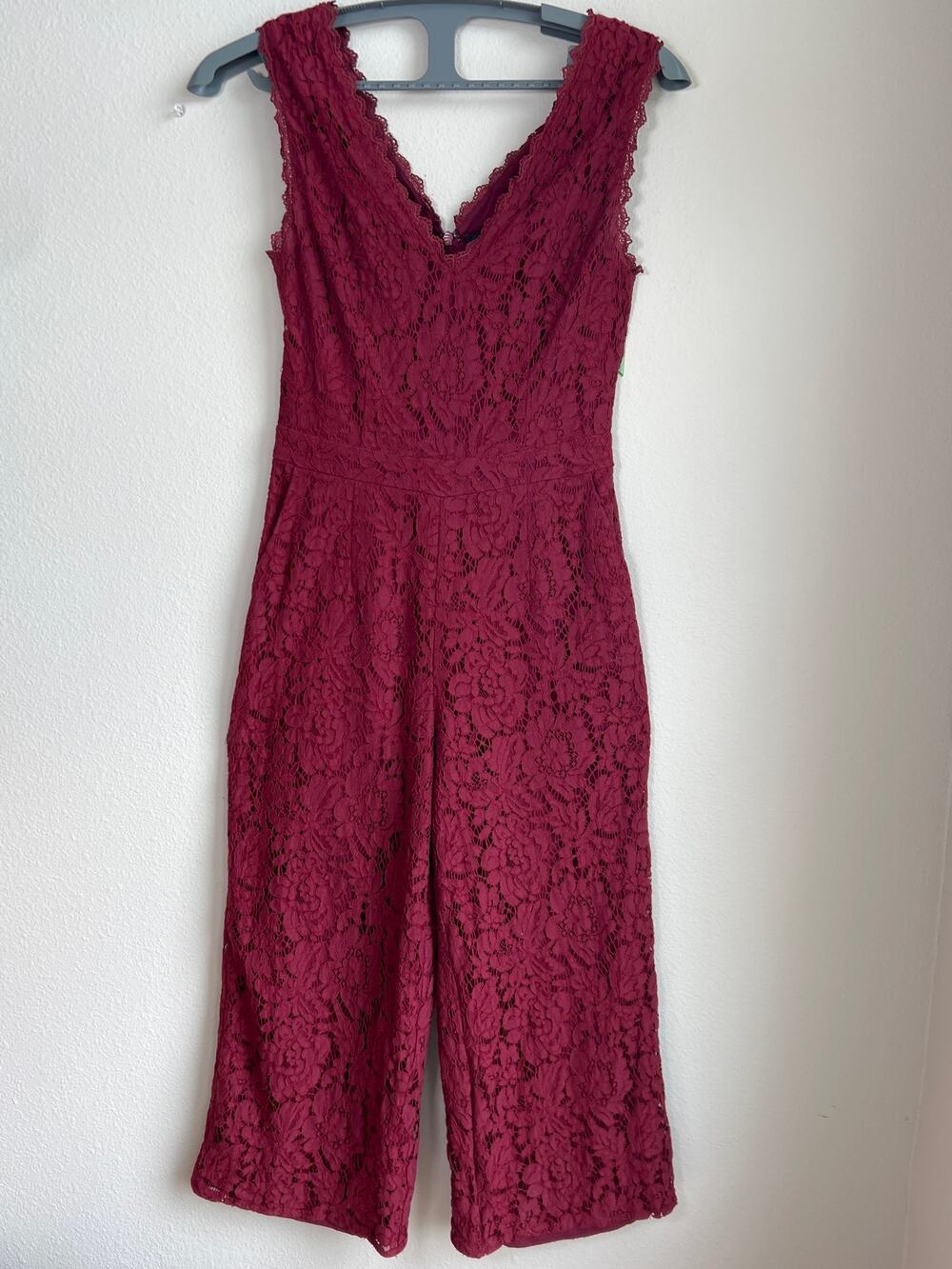Greylin Anthropologie Farrah Burgundy Floral Lace Cropped Wide-Leg Jumpsuit XS